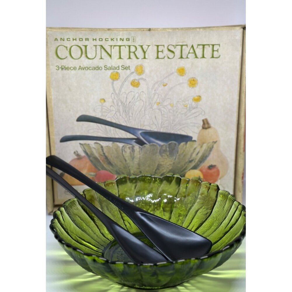 VTG‎ Anchor Hocking Country Estate Avocado Green 3Pc Salad Bowl MCM Kitchenware
